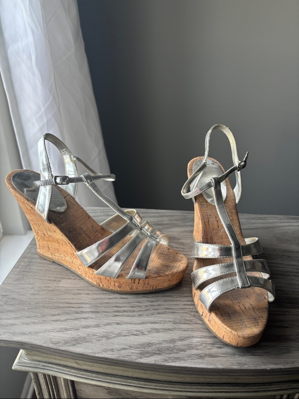 Silver Cork Wedge Sandals - Women's Metallic Strappy Wedges